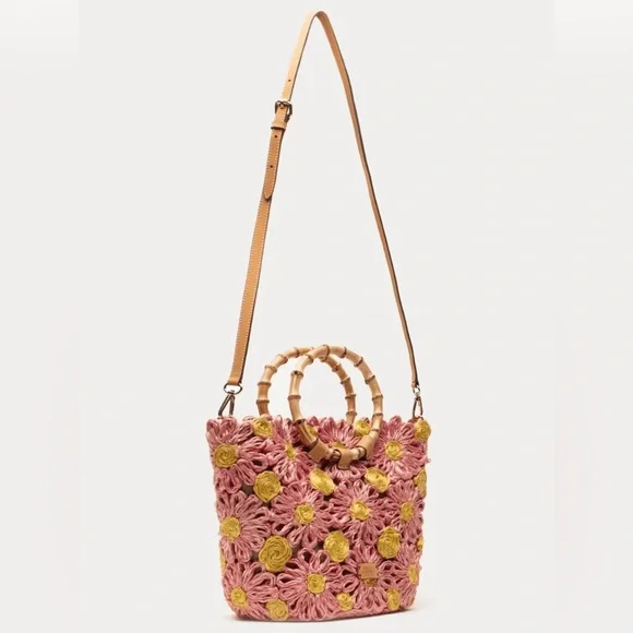 NWT Frances Valentine Flora Tote with Bamboo Handle and Pink & Yellow Flowers